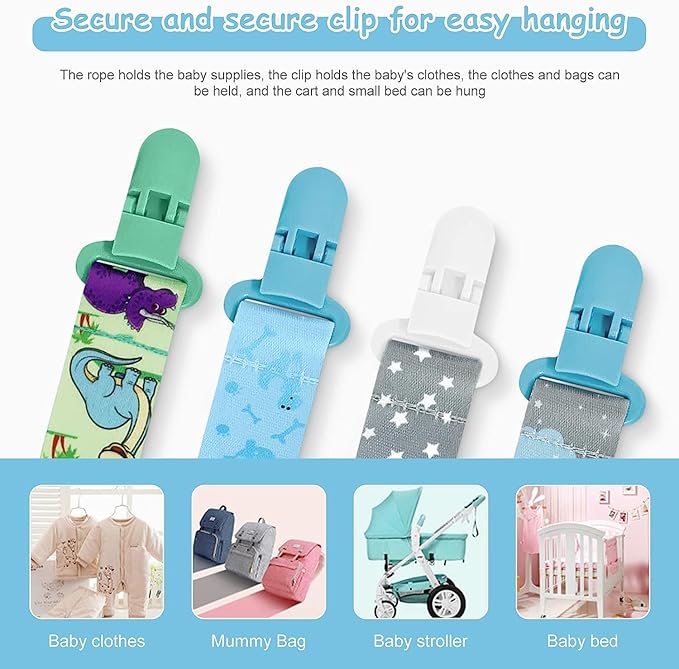4 Pcs Baby Dummy Strap Clip, Pacifier Clip Dummy Holder Straps with 4 Silicone Adapter, Soother Chains Clips Fit All, Soothers, Teething Toys, Baby Essentials