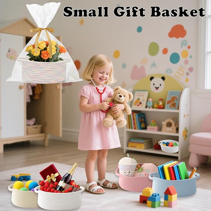 Small Woven Rope Basket-Empty Gifts Basket with Bag and Ribbons,Cute Handle Organizer Box for Birthday/Baby Shower, Toy Storage, Nursery Organizing & Shelf Decor(Colorful Thread)