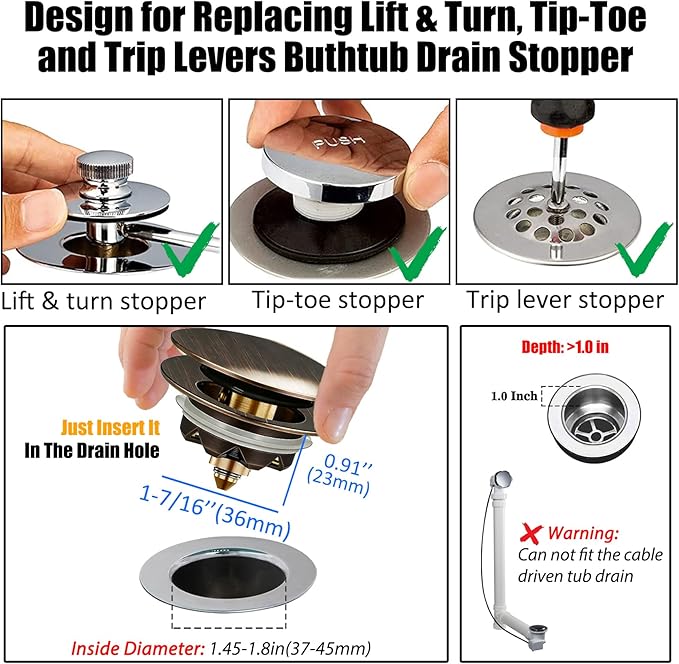 Anlige Bathtub Drain Stopper, Pop Up Tub Stopper and Cover, Bottom with Hair Catcher, Universal for 1.45 to 1.8in Drain, Replaces Old Drain Plug, Oil Rubbed Bronze
