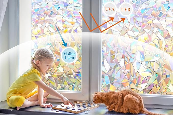 Niviy Rainbow Window Privacy Film 24 x 118 inches, Iridescent Window Film Stained Glass Prism Windows Cling Vinyl 3D Decorative Window Sticker