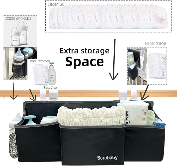 Hanging Baby Diaper Caddy, Single Sheet Dispensing Caddy Organizer Holder For Baby Crib, Nursery Organization Diaper Stacker Storage - Black