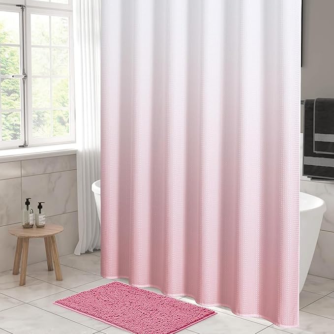 MitoVilla Pink Ombre Waffle Fabric Shower Curtain, Modern Waffle Weave Textured Shower Curtains for Luxury Rustic Bathroom Decor, Vintage Weighted Bathroom Shower Curtain, 72 x 72