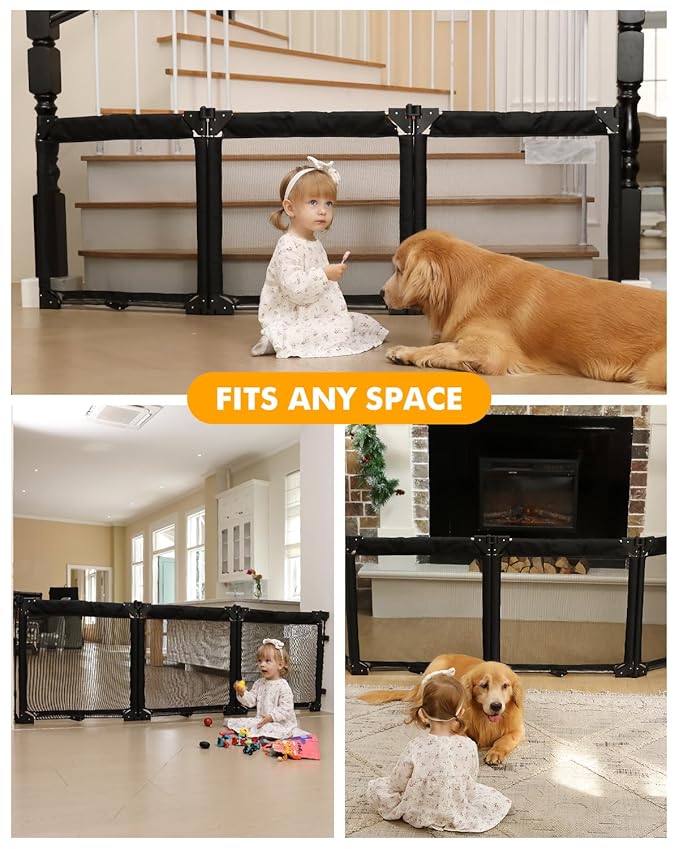 Dearlomum Extra Wide Gate Playpen with Heat-Resistant Mesh, 3 Panel Foldable Fence, Indoor/Outdoor Safety Barrier, Dog Playpen & Fireplace Gate, Black