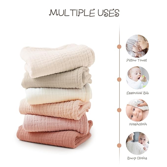 Konssy Muslin Baby Burp Cloths 6 Pack, Soft Absorbent 100% Cotton Burping Clothes for Newborns, Baby Boys and Girls, Unisex