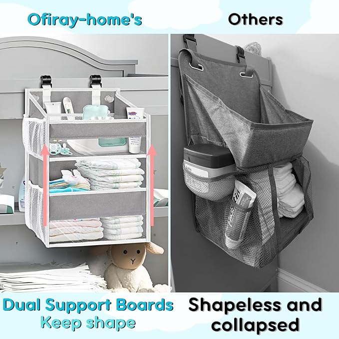 Ofiray-home Hanging Diaper Organizer for Changing Table,Cribs,Car,Playard or Wall & Nursery Organization-Durable 2-Tier Diaper Organizer with Mesh Pockets and Viewable Design, Won't Deform, Light Gray