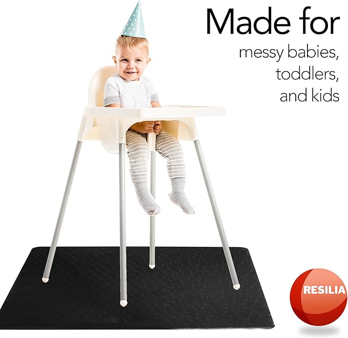 RESILIA - Under High Chair Splat Mat, Premium Heavy-Duty Spill & Splash-Proof, Swirl Spiral Pattern, Vinyl Prevents Stains & Damage from Food, Arts & Crafts, 48 Inch x 48 Inch, Black, Made in The USA