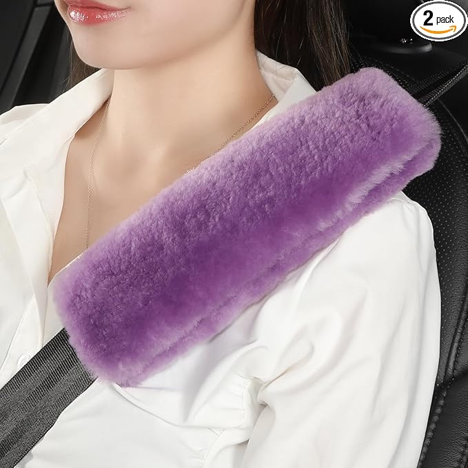Fluffy Fuzzy Genuine Sheepskin Car Seat Belt Covers for Soft Auto Lambswool Seatbelt Pads, Shoulder Strap Cushion Adults Kids (2, Purple)