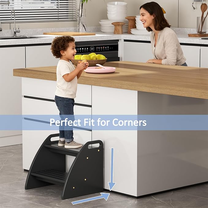 Step Stool for Toddlers, Two Stepping Stool Toddler 300lbs Capacity, with Non-Slip Handles and Pads,Black Kids Step Stool for Bathroom Sink, Perfect Natural Wooden Step Stool for Kitchen