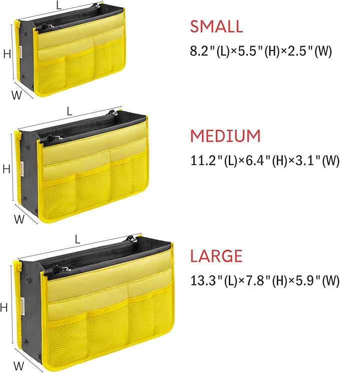 Vercord Purse Organizer Insert for Handbags Bag Organizers Inside Tote Pocketbook Women Nurse Nylon 13 Pockets Yellow Medium