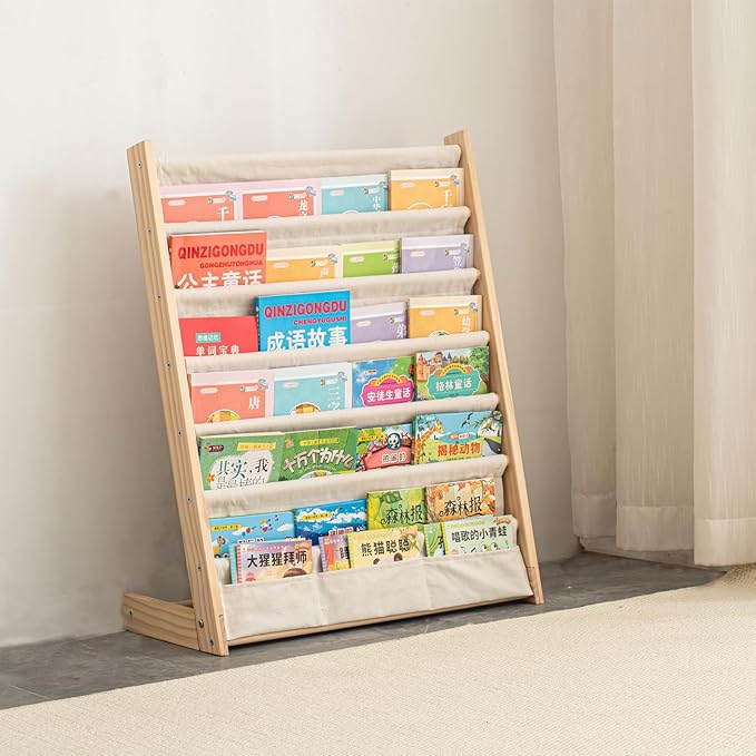 CYMFBSFBU 7 Tier Wooden Kids Bookshelf Book Holder Natural Wood Book Rack Storage Bookshelf for Kids Room Study Room Play Room Toy Storage Organizer (W: 24.6")