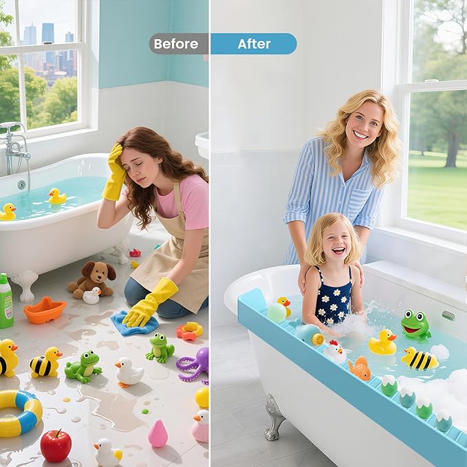 Bathtub Splash Guard PlayPad Shelf Area with Strong Suction Cups, Toy Tray Caddy Holder Storage Over Tub, Bathtub Ledge Guard, No Mess Water, Splash Protection Water Barrier for Bathroom-Blue