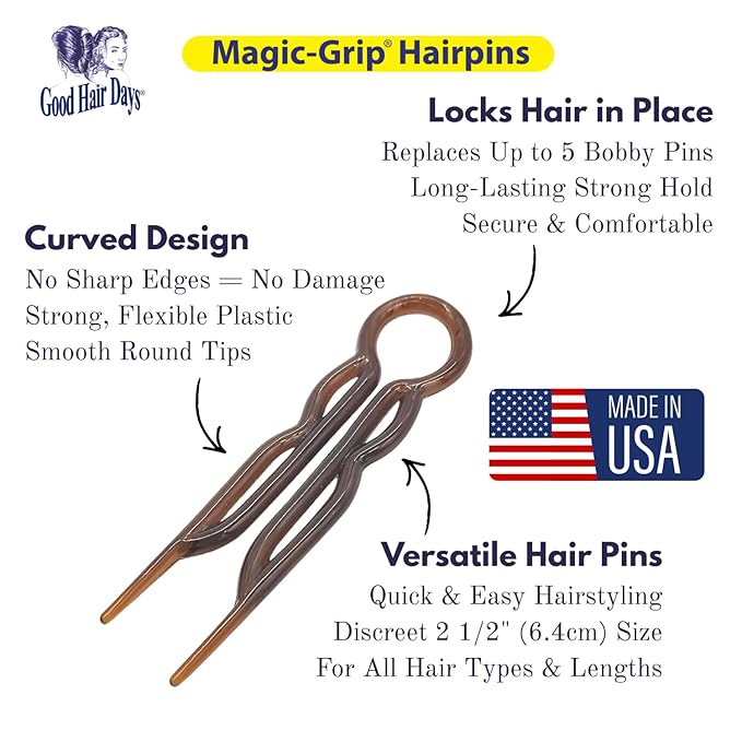Good Hair Days Hair Pins - 2 1/2" Plastic, U-shaped Magic Grip Hairpins, Strong Durable Pins For Fine, Thick & Long Hair, Styling Accessories - Tortoise Shell, Set of 20