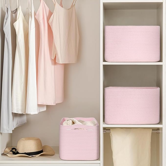 Degeyoyo Woven Storage Baskets, Pink Baskets for Organizing, 3 Pack Woven Basket for Storage, Storage Baskets for Shelf, Towel, Toy, Book, Closet, Baby 15"×10"×9"