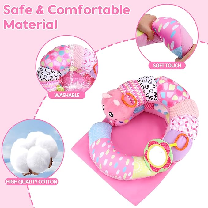 2 in 1 Baby Tummy Time Mat & Support Seated Pillow Infant Newborn Toys 0 1 2 3 4 5 6 Months Pink Caterpillar Sensory Developmental Playmat 0-6 3-6 12 Month Mirror Babies Girls Shower Valentines Gifts