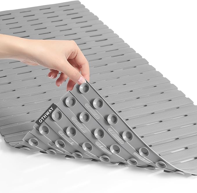 OTHWAY Anti Slip Shower Mat, 36.6" x 16.9" Soft Shower Mats for Inside Shower, Non Slip Shower Bath Mat for Tub with Suction Cups, Machine Washable Shower Floor Mat with Drainage Holes, Light Grey