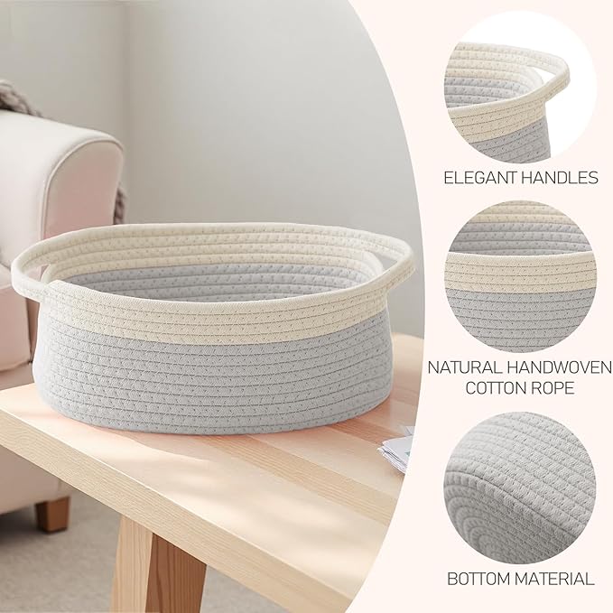 JMvicyroam Woven Basket,Small Rope Storage Bin with Handles & Ribbon Bag, Organizer for Shelves Closets,Gift Basket Empty for Birthday,Books,Dog Toys, White&Grey/3 Pack