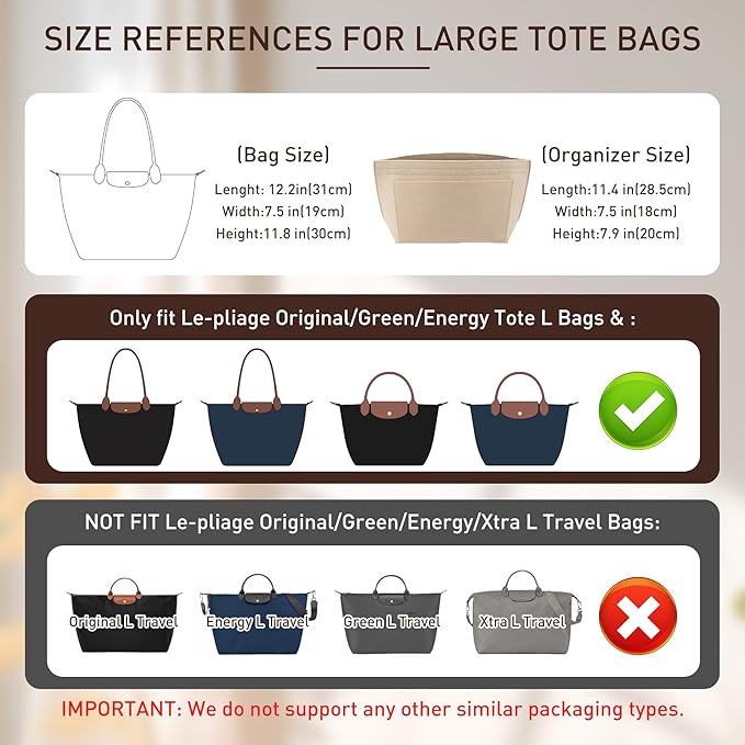 Doxo Felt Purse Organizer Insert,Handbag Organizer Compatible with Longchamp Le-pliage Large and More, Long Champ Bag Organizer Keeps Tote Handbags Shaped & Neat (Beige,Large)