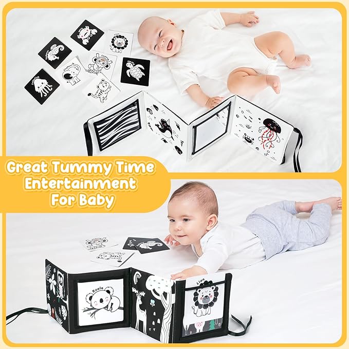 URMYWO Tummy Time Mirror Toys, Visual Stimulation Learning Cards, High Contrast Black and White Baby Toys for Newborn, Soft Baby Book for infant 0-12 Months, Baby Boy Girl Shower Gift Stocking Stuffer