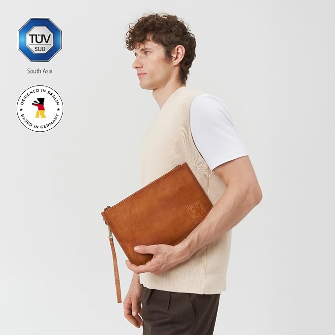 BERLINER BAGS Vintage Genuine Leather Document Organizer Theo XL, Passport Holder and Travel Wallet - Brown