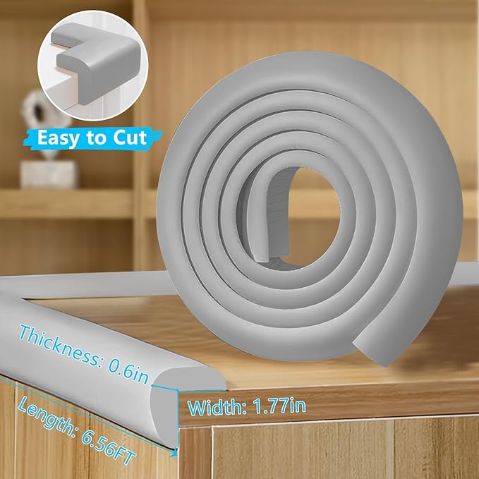 ZOMPAGO Baby Proofing Edge & Corner Protectors, 1 Roll Grey Foam L-Shape Self-Adhesive Bumper Strip, Soft Shock-Absorbent Wall & Furniture Safety Bumpers for Nursery, Kitchen, Fireplace, Table, Desk