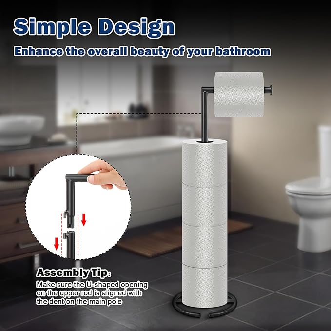 NearMoon Bath Toilet Paper Holder Stand- Modern Tissue Roll Holder Standing with Balanced Base, Rustproof Toilet Roll Holder for Bathroom/Kitchen Countertop (Matte Black, Metal Base)