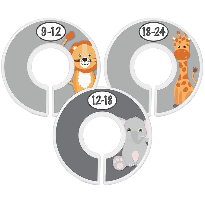 Safari Nursery Closet Size Dividers - 7X for Baby Clothes - Elephant Giraffe Zebra Lion Monkey Decor - for Boy or Girl - [Safari] [Grey/Gray]