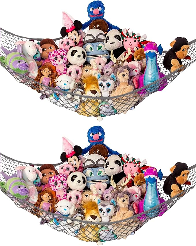 Lilly's Love Stuffed Animal Hammock | Corner Hanging Organizer, Toy Storage, Stuffed Animal Storage Net | Made from Quality Fishing Net, Holds 12lbs | 67"x47"x47" (Gray, 2 Pack)
