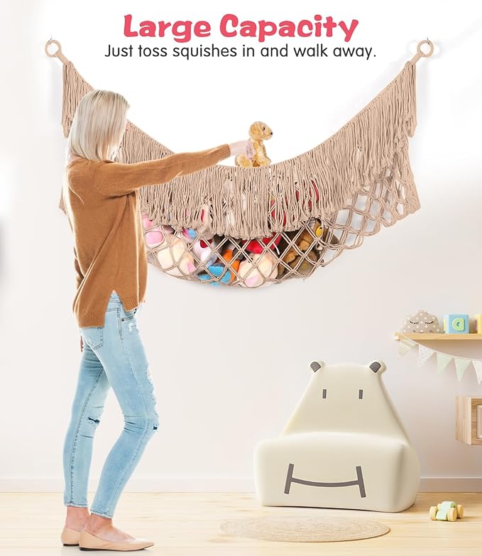 Stuffed Animal Hammock - Extra Large 63'' Long, Stuffed Animal Storage, stuffed animal Holder net, Hammock Large, Storage Hanging Organizer - Creamy Brown