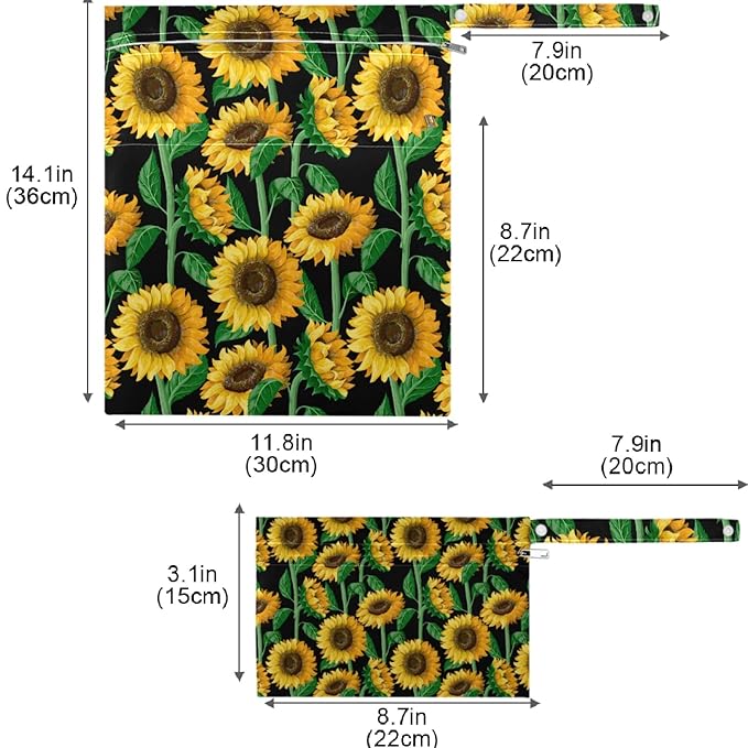 visesunny Sunflower 2Pcs Wet Bag with Zippered Pockets Washable Reusable Roomy for Travel,Beach,Pool,Daycare,Stroller,Diapers,Dirty Gym Clothes, Wet Swimsuits, Toiletries