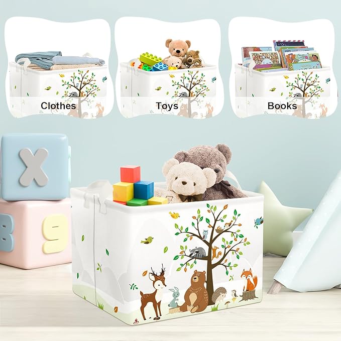 Clastyle Woodland Animals Bear Fox Raccoon Tree Baby Gift Storage Basket Large Deer Owl Collapsible Rectangular Shelf Basket Cute Clothes Towel Toy Book Storage Bin for Nursery