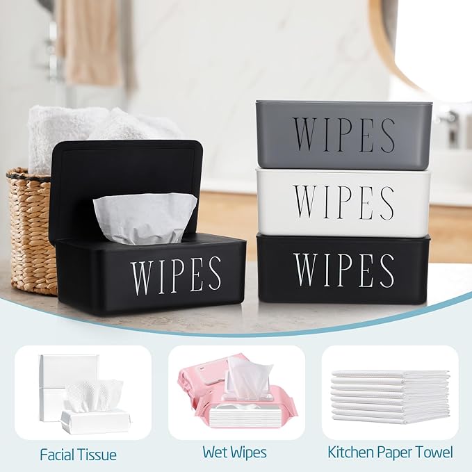 Singhoow 3 Pack Baby Wipes Dispenser Holder Wipe Container for Bathroom with Lid Toilet Tissue Paper Storage Refillable Box for Home Office Cars(Small,Black, White, Gray)