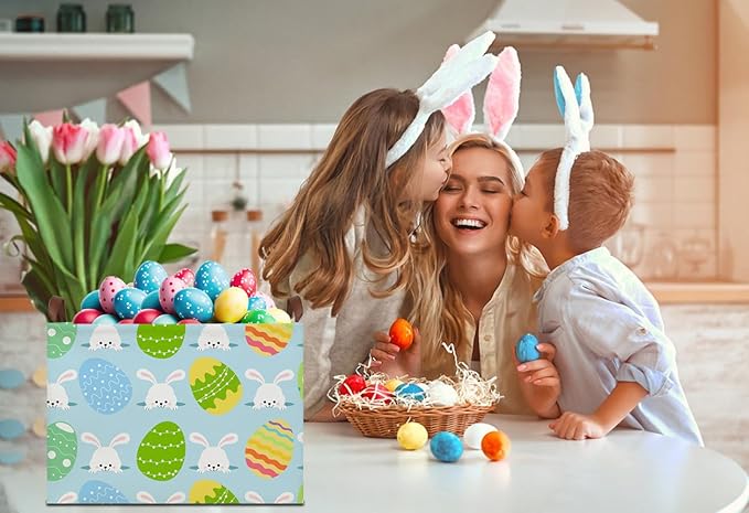 HKEC Rectangle Easter Gift Basket Empty with Handles for Kids,Cute Organizer Toy Bin,Books Basket,Room Decor(Easter Rabbit Basket)