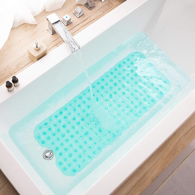 TEESHLY Bathtub Mats for Shower Tub, Extra Long Non-Slip 39 x 16 Inch Bath Mat with Drain Holes and Suction Cups, BathMat for Bathroom with Machine Washable (Clear Turquoise)
