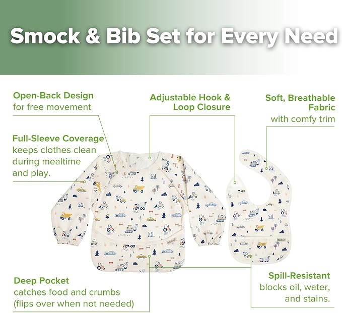 haakaa Long Sleeve Baby Bib, Waterproof & Adjustable Baby Smock Bib for Eating, Painting & Play, Easy Wipe Clean, 6–24M