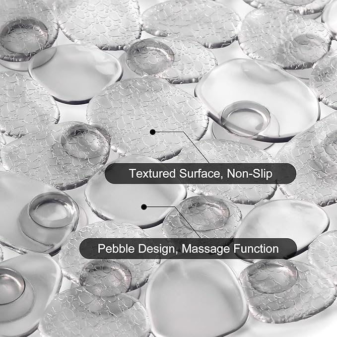 WELTRXE Pebbles Bathtub Mat Non Slip Oval Shower Mat with Suction Cups, Drain Holes, 27 x 14 Inch Plastic Bathroom Tub Mats Machine Washable, BPA, Latex Free Safety Mat for Bath Tub, Clear Gray