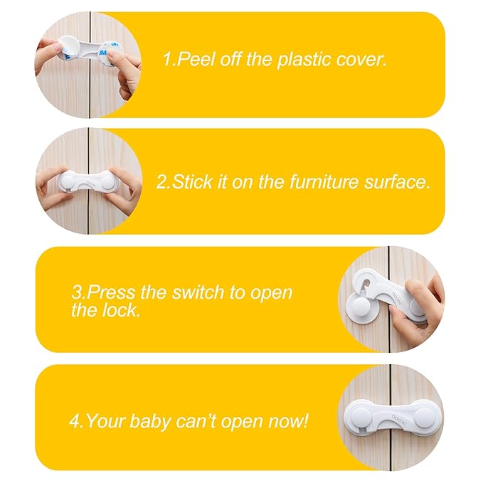 Child Safety Cabinet Locks, Adoric Baby Child Proof Cabinet Kitchen System, Drawers, Adjustable Strap, No Tools or Drilling and Strong Adhesive (8-Pack White)