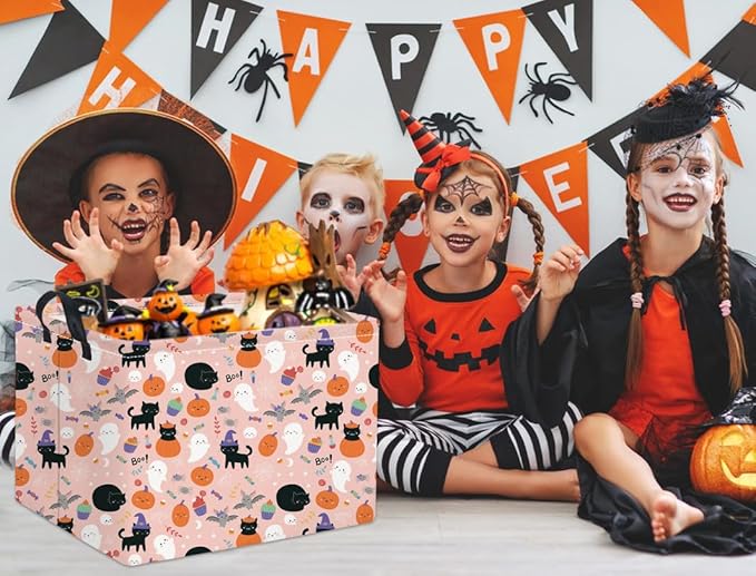TIBAOLOVER Rectangular Halloween Basket for Kids Cute Pumpkin Basket Storage Bin Organizer Box Room Decor for Halloween Parties(Pink Ghost)