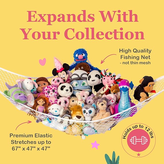 Lilly's Love Stuffed Animal Hammock | Corner Hanging Organizer, Toy Storage, Stuffed Animal Storage Net | Made From Quality Fishing Net, Holds 12lbs | 67"x47"x47" (Green)