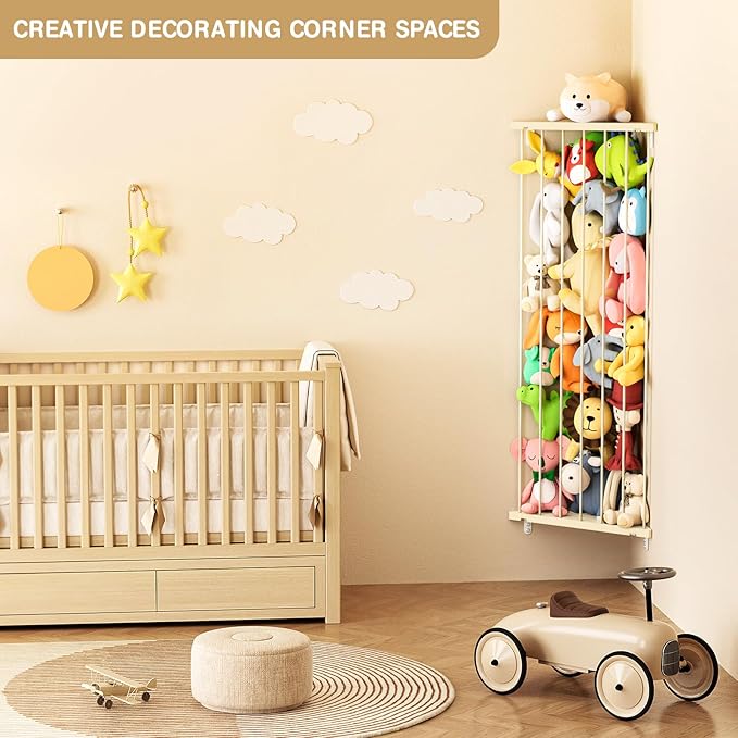 Stuffed Animal Storage Toy Organizer(Patented) - Large Corner Stuffed Animal Holder Length Adjustable - Wall Plush Storage for Nursery Playroom Bedroom Kids Room (Beige)
