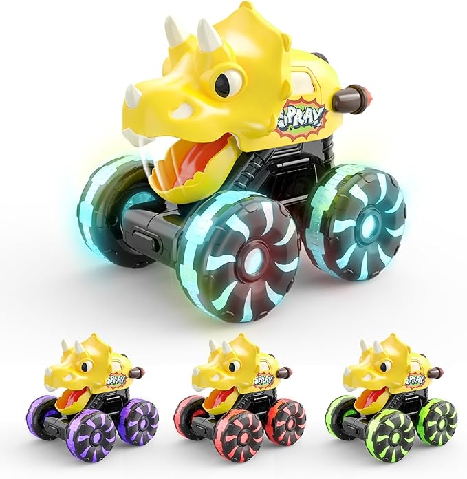 Intoypad Yellow Triceratops Dino Monster Truck – Toddler Push Car Toy with LED Wheels – Press & Go Dinosaur Toy Vehicle for Kids Ages 2 3 4 5 – Chomping Mouth Light-Up Action Toy for Boys Girls