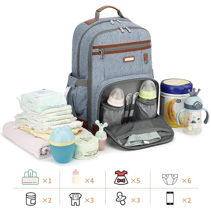 BILLITON MASHI Diaper Bag Backpack, Large Baby Nappy Bags with Portable Changing Pad for Boys and GirlsMultifunction Travel Baby Bag for Moms Dads, Shower Gifts Waterproof and Stylish，Light Blue