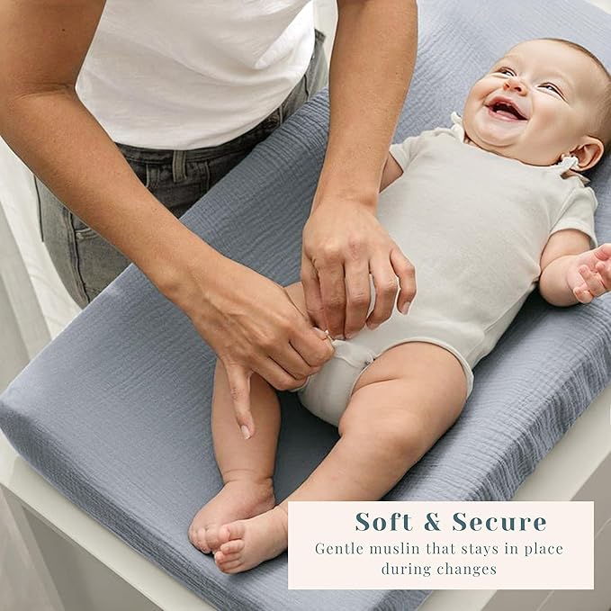 3 Pack Muslin Changing Pad Covers for Girl Boy, 100% Soft Cotton Changing Table Cover, Breathable Baby Nursery Diaper Chang Pad Sheets (Blue)