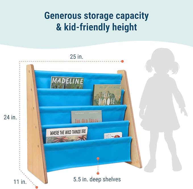 Wildkin Vegan Leather Sling Bookshelf for Kids – Premium Easy Clean Sling Canvas Design with 4 Fabric Shelves, Organizer for Home or Classroom - Natural w/Blue