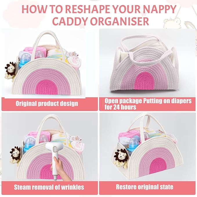 JMBNH Baby Diaper Caddy- With Removable Dividers, Nursery Storage Bin and Car Organizer,Boy & Girl Shower Gift Basket,Portable Organizer,Nursery Essentials-Rainbow Pink