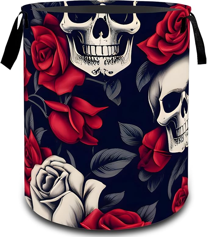 VODRM Skull and Rose Gothic Laundry Basket, Dirty Collapsible Clothes Toy Organizer Hamper for Kids Adults, Oxford Cloth Waterproof Storage Bin for Bedroom Bathroom Halloween Decor Gifts, 19.7"X15.7"