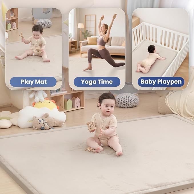Large 79"x110" Baby Activity Play Mat for Floor,1.3" Thick Elasti Foam Cushion Mat for Tummy Time & Crawling,Non-Slip&Safe for Infants,Toddlers & Kids, for Living Room,Classroom & Playroom（Beige)
