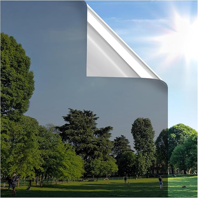 rabbitgoo Window Privacy Film One Way Window Tint for Home, Removable Reflective Heat Sun Blocking Anti UV Glass Door Covering, Mirror Tinting Film House Office, 35.4 in X 16.4 Feet, Black Silver