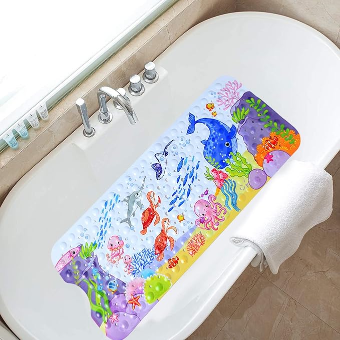 Non-Slip Bath Mat for Kids - Cartoon Sea Animal Shower Mat with Anti-Slip Suction Cups, Machine Washable - 40 x 16 Inch, 100 x 40cm - Whales