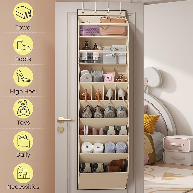 Mefirt 8 Tier Clear Over the Door Shoe Organizer with Deep Pockets, Door Shoes Rack with hard Cardboard and Tubes to Keep the Shape, Hanging Shoe Rack for Closet Organizers, Shoe Holder Beige