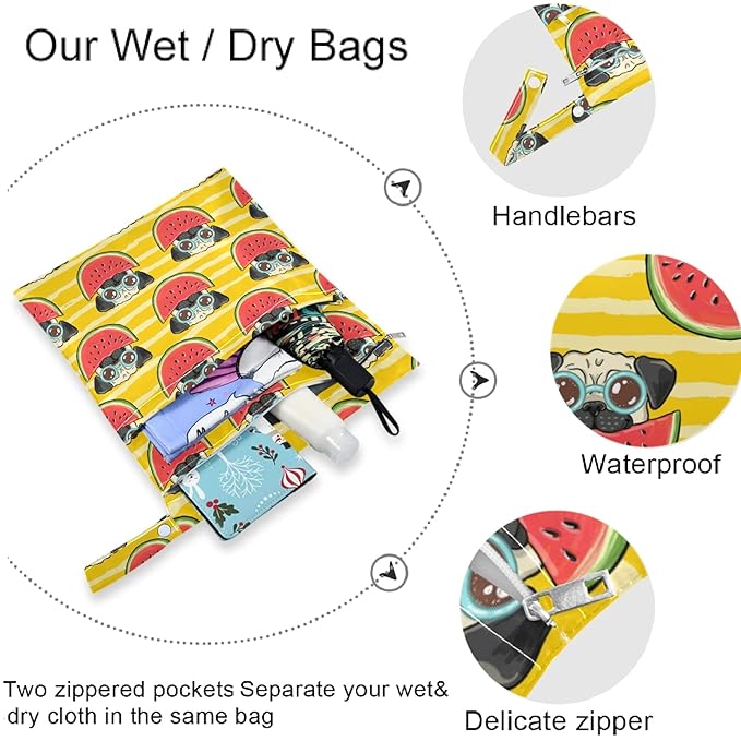 visesunny Bulldog Eatting Watermelon Yellow Stripe Cartoon Animal 2Pcs Wet Bag with Zippered Pockets Washable Reusable Roomy for Travel,Beach,Pool,Daycare,Stroller,Diapers,Dirty Gym Clothes, Wet Swims